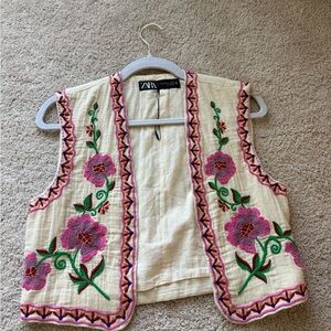 Zara Cream Embroidered Floral Vest with Pink & Green Accents
